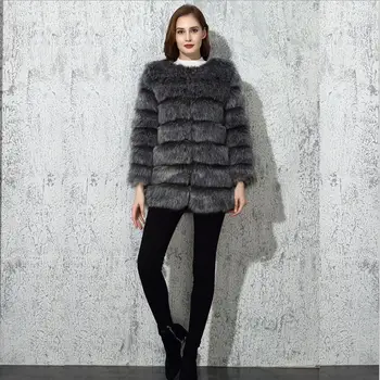 

2019 winter new silver fox fur Faux Fur Jacket Luxury Faux Fox Warm Women Coat Mid-Length long sleeve fur coat female