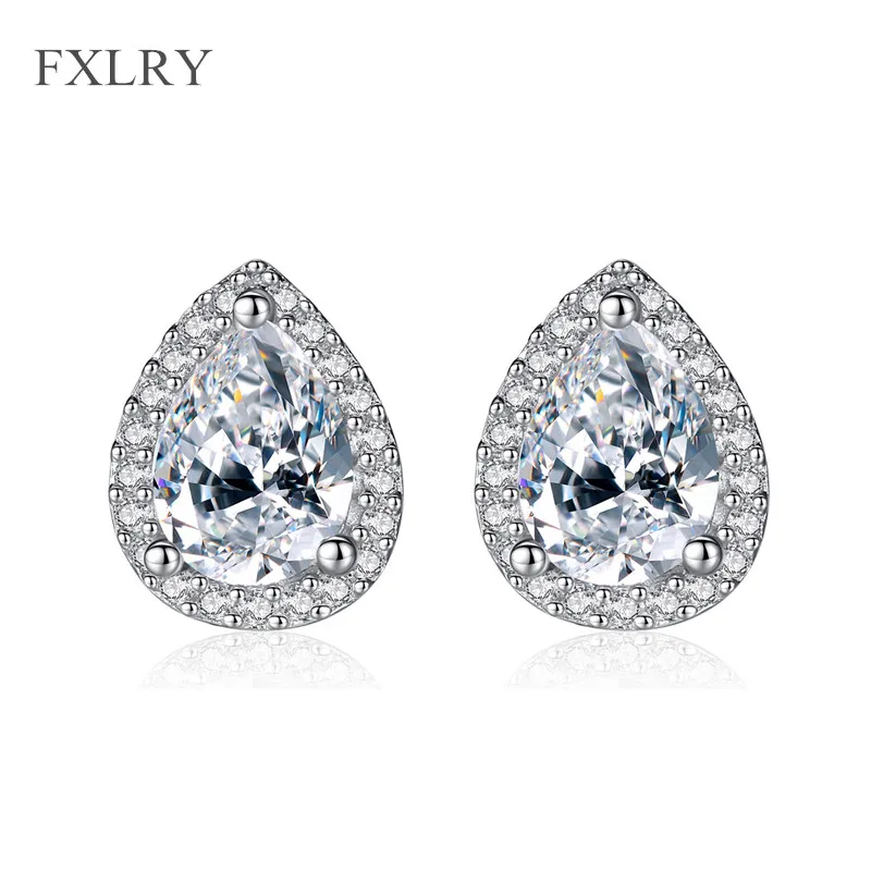

FXLRY New Personality Silver color Micro Paved Zircon Water Drop Shape Stud Earrings For Women Fashion Jewelry