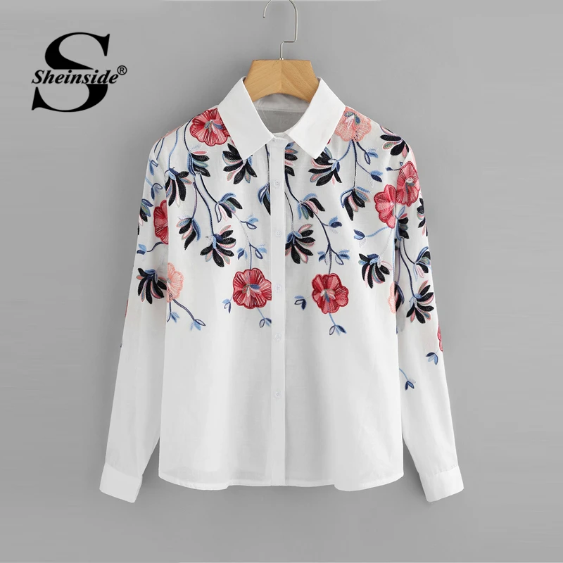 

Sheinside White Embroidery Long Sleeve Shirts Floral Button Top 2018 Spring Women Office Work Wear Elegant Blouse