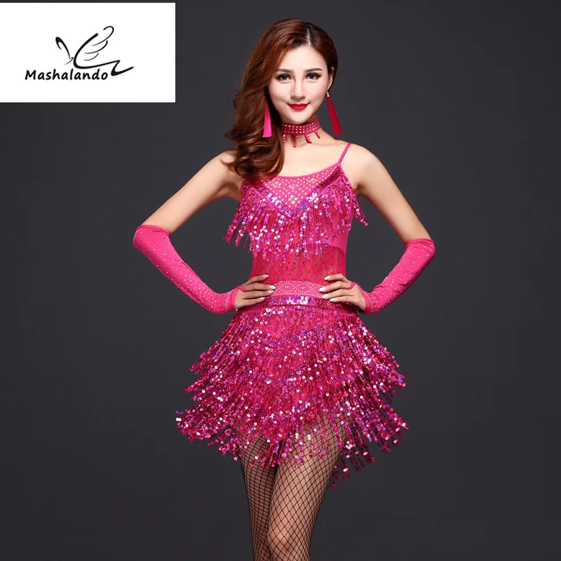 

2018 New Summer Sequin Sling Round Tie Latin Dance Costume 1920s Gatsby Flapper Party Dress Give Gloves and Necklaces
