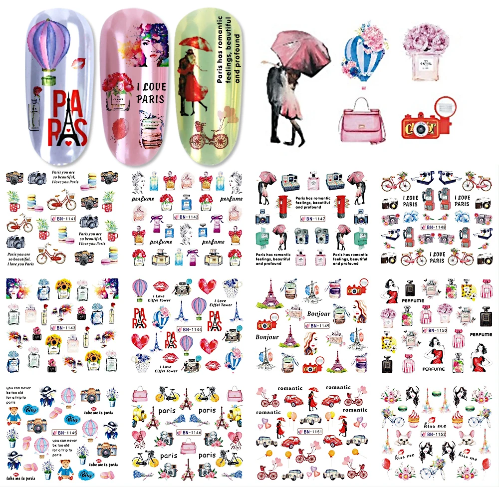 

12pcs Nail Art Stickers Romantic City Flowers Wraps Perfume Lovers Balloon Rose Beauty Girls Decals Nails Decor BEBN1141-1152
