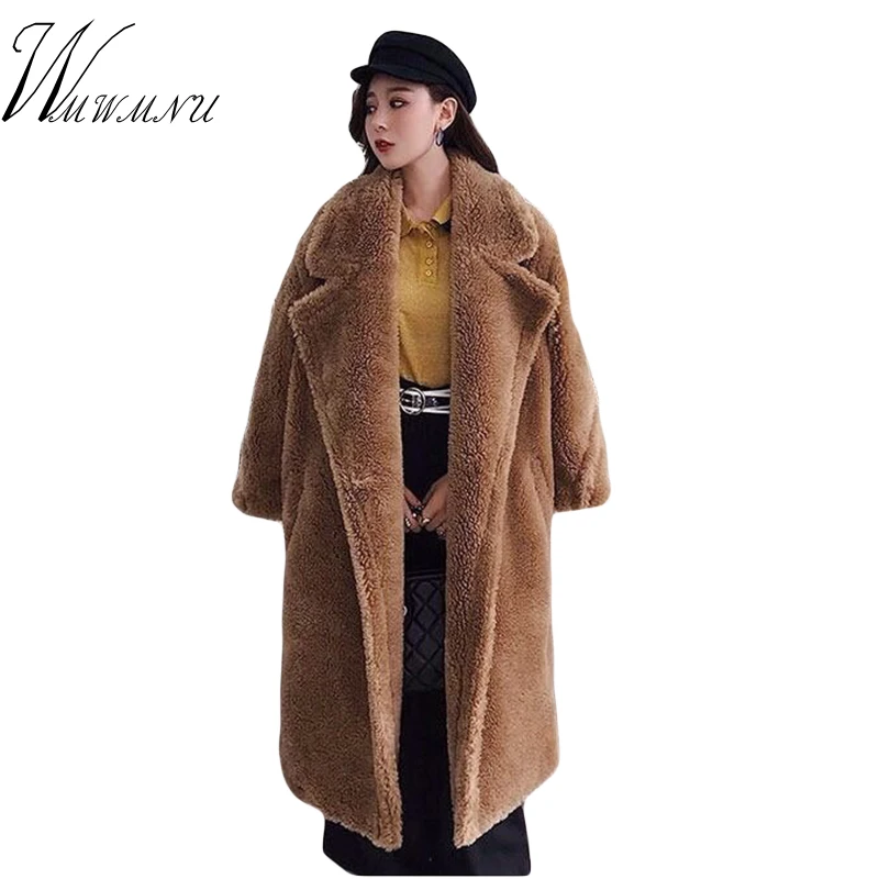 

Women Elegant Turn Down Collar Faux Fur Coat Hot Sale Solid Color Full Sleeve Long Outwear Coat Plus Size Winter Fake Fur Jacket