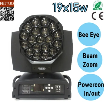 

2pcs/lot 19x15w Bee Eye Beam Moving Head Light Zoom Wash Stage DJ Lighting Equipment RGBW 4IN1 DMX512 B Eye Disco Light