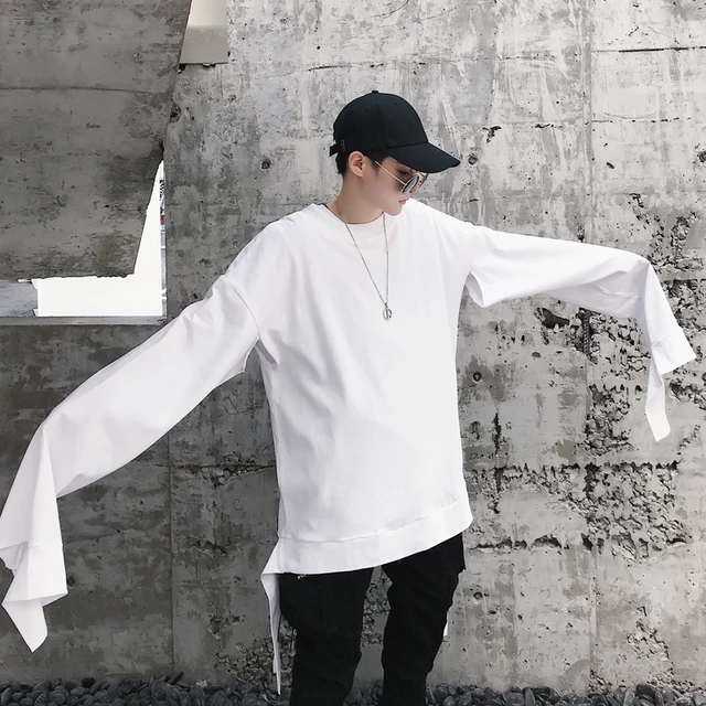 Male T Shirt Men High Streetwear Hip Hop Long Sleeve T Shirt Destroy Design Fashion Casual