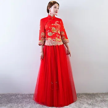 

Elegant Wcheongsam Red Vintage Slim Embroidery Phoenix Qipao Traditional Chiffon Marriage Gowns Classic Bride Wedding Mesh Dress