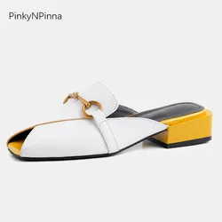 designer full genuine leather women peep toe mules candy color square heels metal buckle slip on slides summer party plus size designer full genuine leather women peep toe mules candy color square heels metal buckle slip on slides summer party plus size