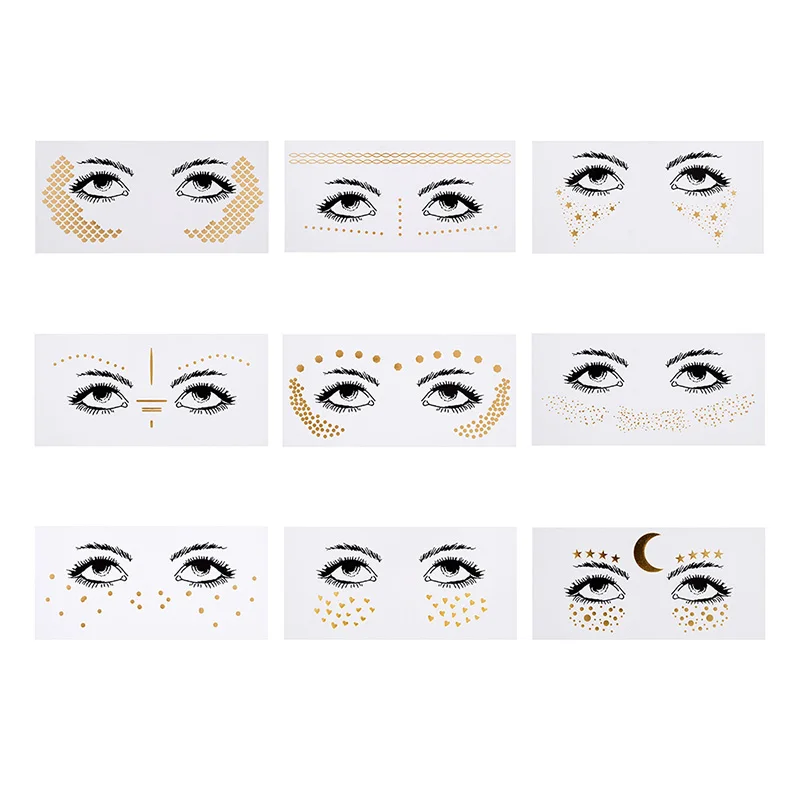

1 sheet Gold Face Tattoo Flash Tattoo Fashion Waterproof Blocked Freckles Make Up Body Art Stickers Eye Decals Bride Tribe Party