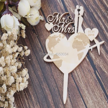 

Personalized Travel wedding cake topper with name and date