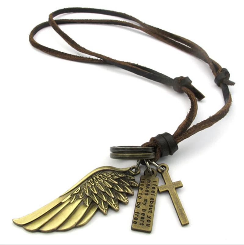 men PU leather necklace retro vintage Angel wings cross Letters chain