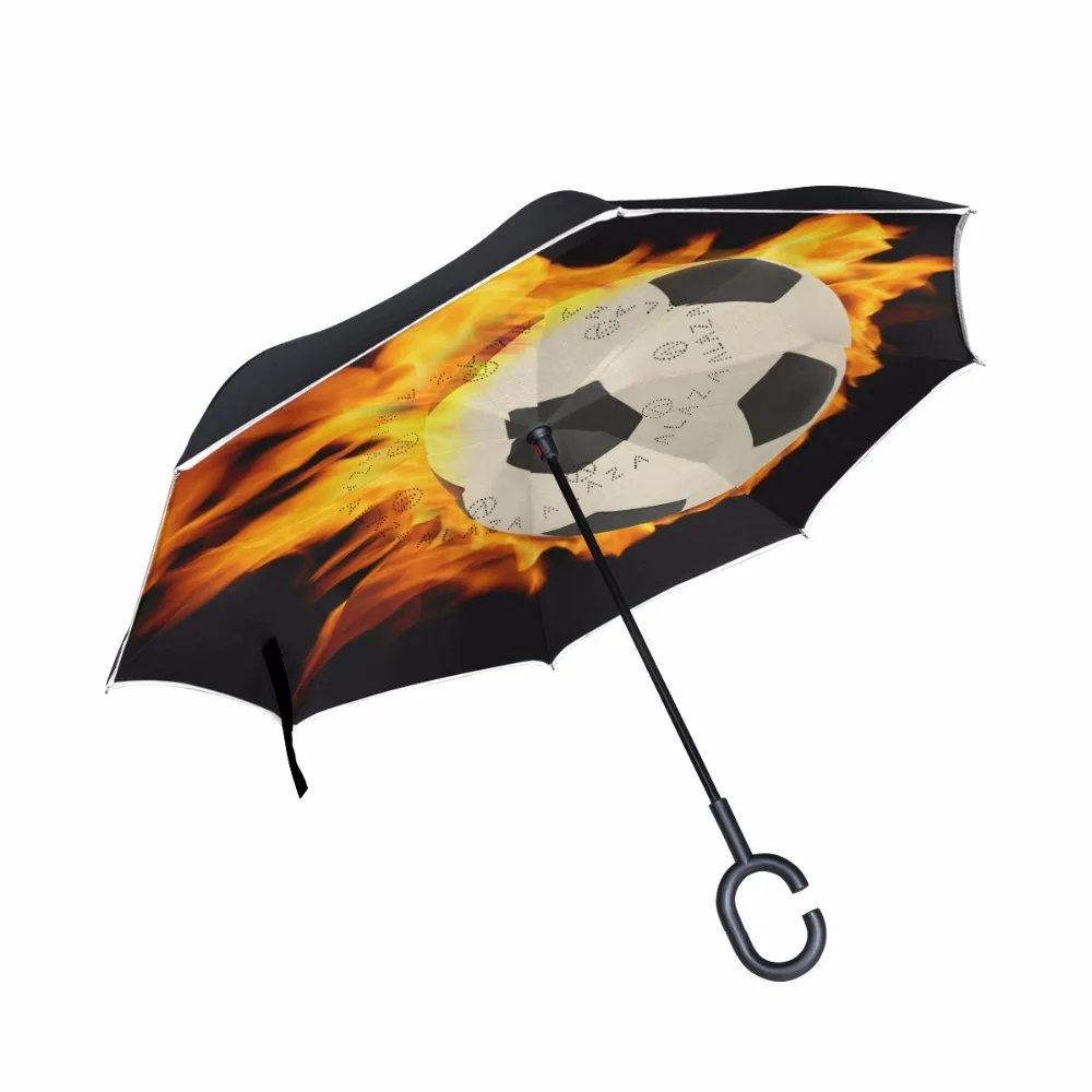 Cool Football Reverse Umbrella Double Layer Inverted Parasol Rain Women