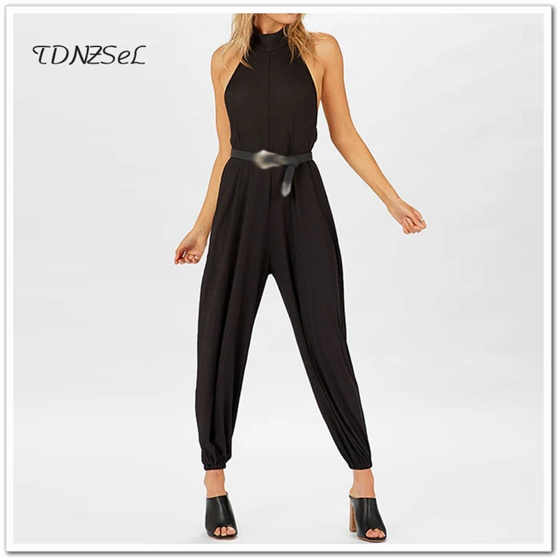 

2018 Women Sexy Backless Halter Neck Jumpsuits Sleeveless Loose Romper Summer Ladies Office Long Overalls Casual Elegant Clothes