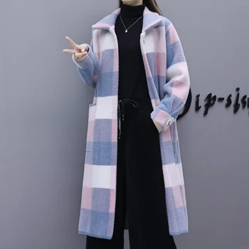

2020 New Women's Winter Sweater Coat Plaid Knit Cardigan Sweater Loose Lapel Single-breasted Long Sweater LQ075