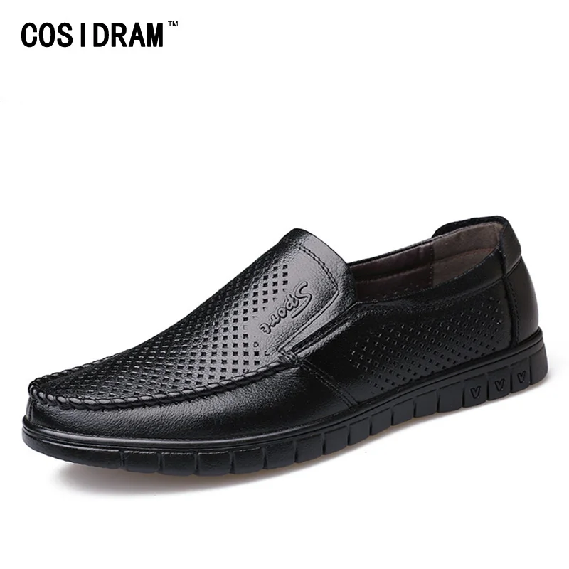 

COSIDRAM Slip on Genuine Leather Men Casual Shoes Summer Breathable Loafers Comfortable Hollow out Men Driving Shoes SHB-018