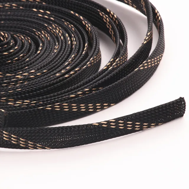 10M Black Gold 15mm Diameter Wire Cable Protecting PET Nylon Braided Cable Sleeve High Density Sheathing