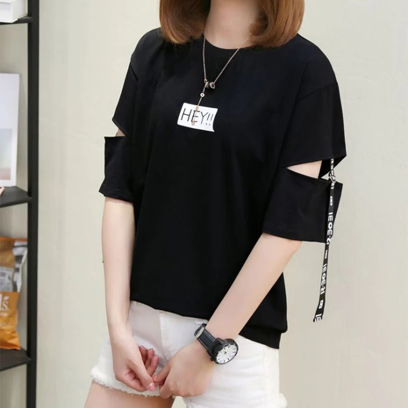 

HEY Letter T shirt Women Tshirt Casual Funny Sleeve Hollow Out T shirt For Lady Girl Harajuku Kawaii Top Tee