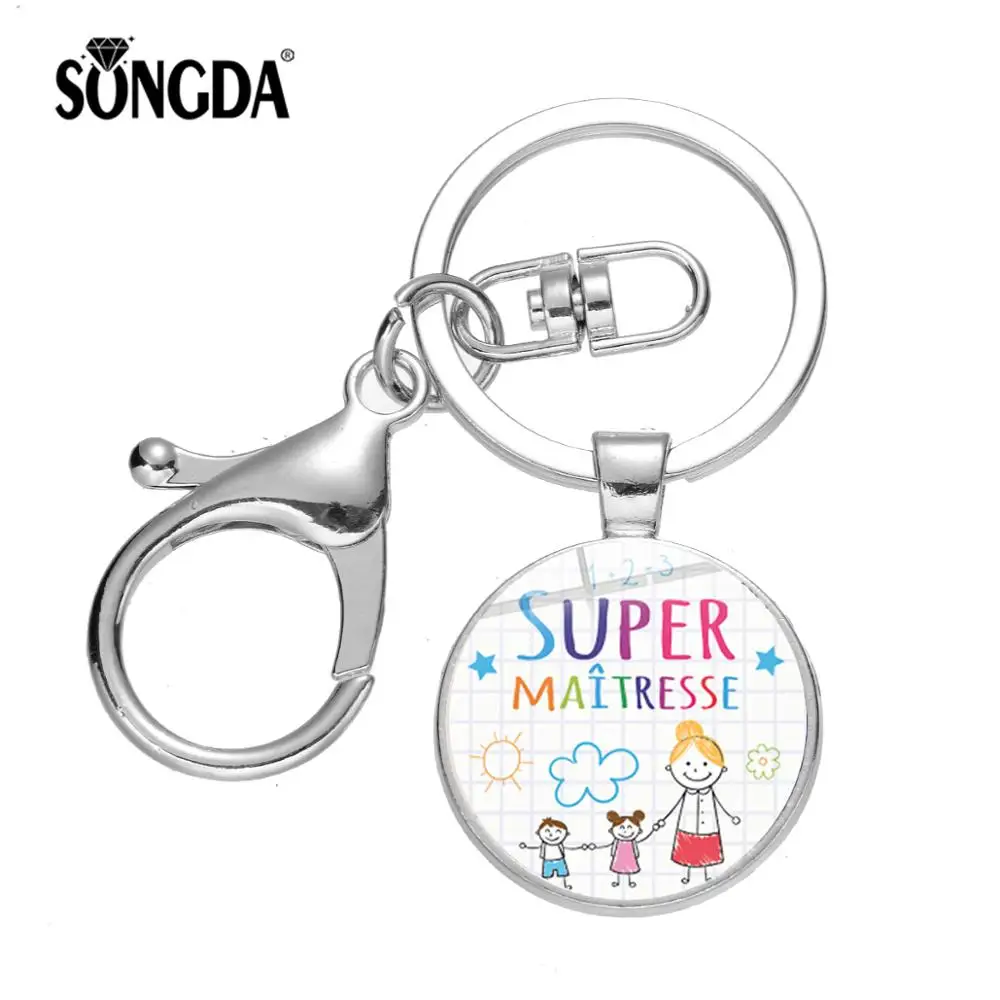 

SONGDA Super Mistress Keychain Teacher and Students Picture Glass Dome Handmade Silver Plated Keyring Thanks Mistress Ornaments