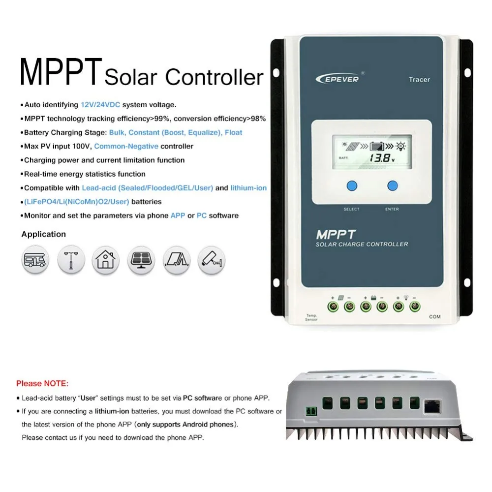 Online Controlador de cargador EPever Solar MPPT LCD 10A 20A 30A 40A regulador Solar 12V 24V para baterías de litio de inundación de sello de Gel de plomo ácido