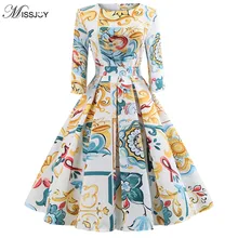 MISSJOY 2018 Vintage Sukienki Belt flower Lemon Print Big swing Party Dress Elegant vadim Women Autumn Winter Vestidos de fies vintage style flower print swing dress