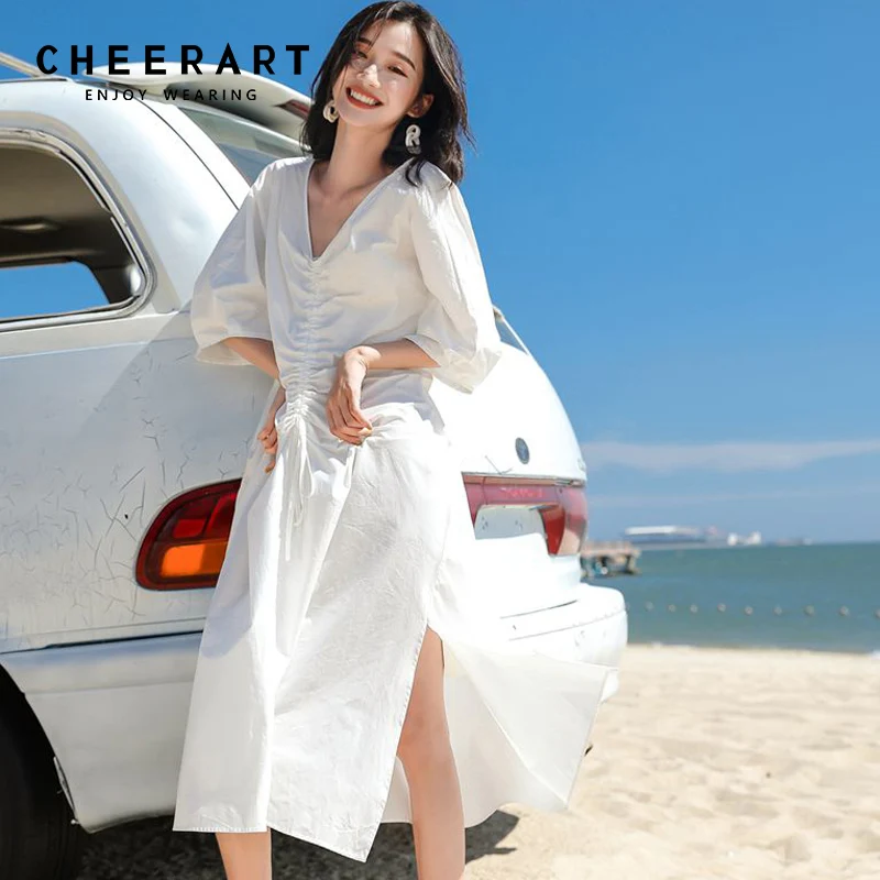 Длинное Летнее белое платье миди Cheerart с глубоким V образным вырезом женское