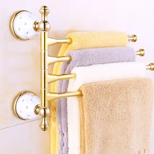 Gold Plated Ceramic Base 3/4 Arm Towel Rod Towel Bar Four Bar Five Bar 270 Degree Rotation Towel Hanging Rack Brass Bathroom Set
