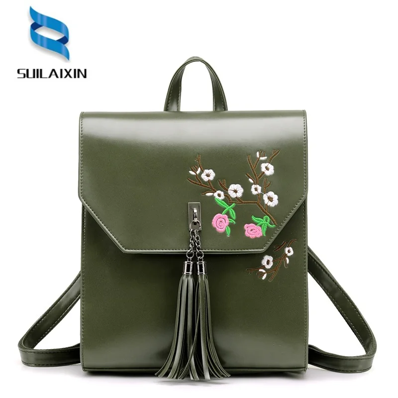 High Quality Women Leather Embroidery Backpack With Tassel Solid Vintage School Bag for Teenager Girl Flowers