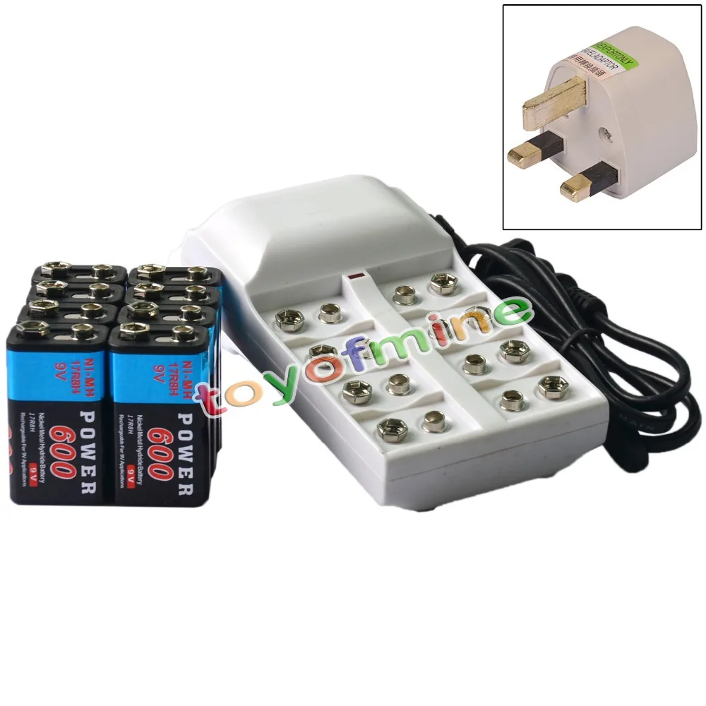 

8x 9V 6F22 PPS 600mAh Ni-Mh Rechargeable Battery + 8 Slot Batteries Charger UK Plug