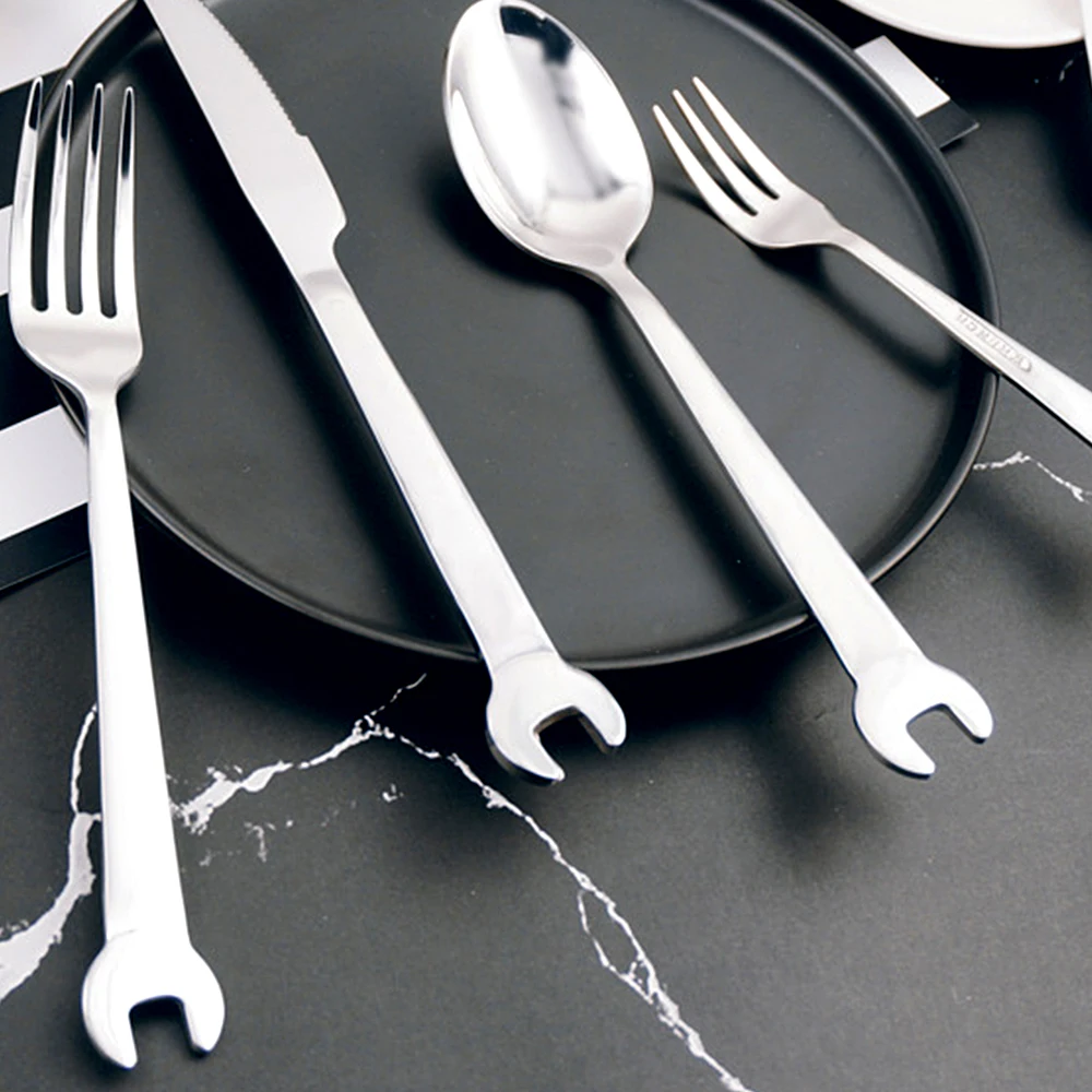 Stainless Steel Creative Wrench Shape Fork Spoon Tableware Steak Knife Dinner Fruit Dessert Long Forks Tea Spoon Picnic Camping fruit fork silverware set portable cutlery