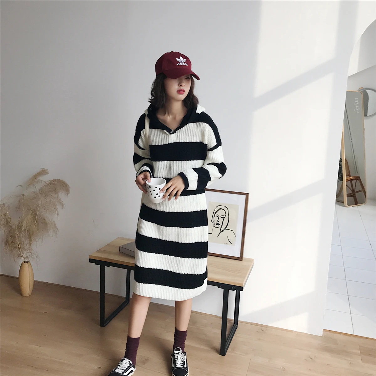 

816# Striped Knitted Maternity Long Sweaters Large Size Loose Hoodied Clothes for Pregnant Women Warm Pregnancy Pullover Dress