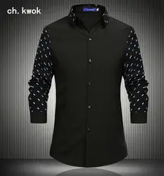 CH. Квок Бизнес Повседневное с длинным рукавом Рубашки для мальчиков Для мужчин ткань с рукавом Slim Fit Классические черные блузка Однобортный