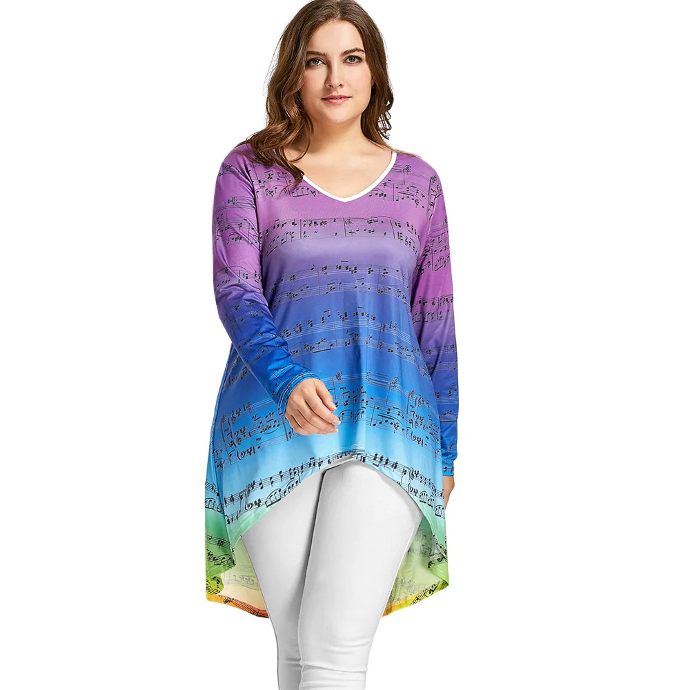 AZULINA Plus Size Music Notes High Low Ombre Tee Women T-Shirt V-Neck Long Sleeve T Shirt Autumn T-Shirts Clothing