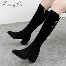 Krazing pot/сапоги для верховой езды из коровьей замши с натуральным лицевым покрытием и круглым носком на высоком каблуке в ковбойском стиле в европейском стиле; сапоги до бедра с металлической пряжкой; L12