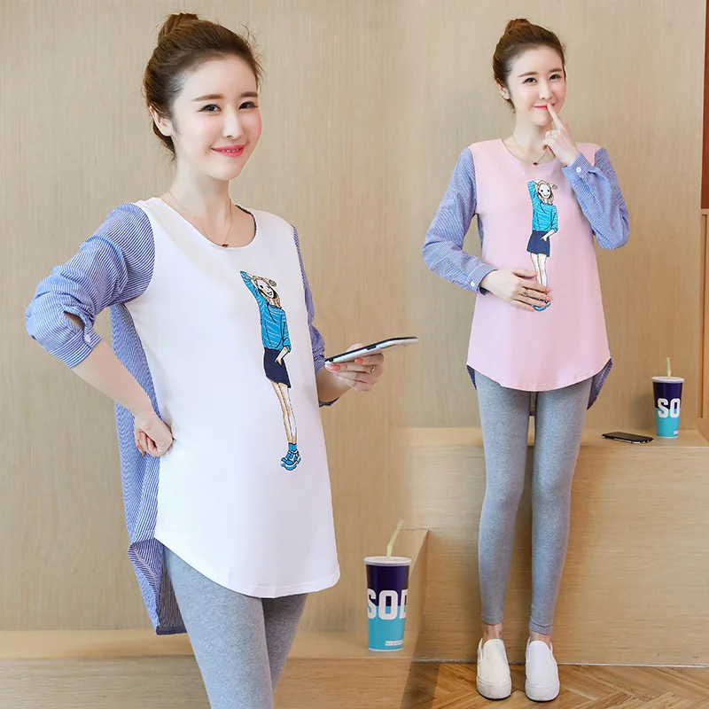 

2018 Maternity Blouses New Korean Version of Striped Stitching Long-sleeved Maternity Tops Pregnancy Clothes For Pregnant Women