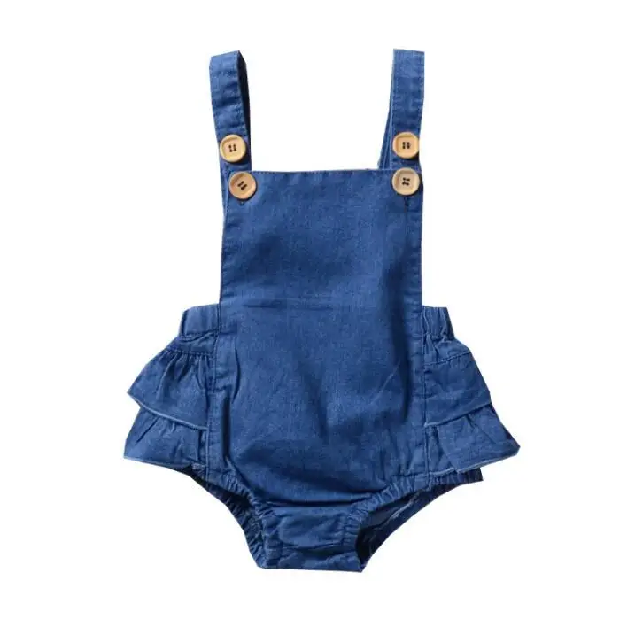 

0-18M Newborn Baby Girls Sleeveless Blue Romper Cotton Summer Baby Girls Jumpsuit Overalls