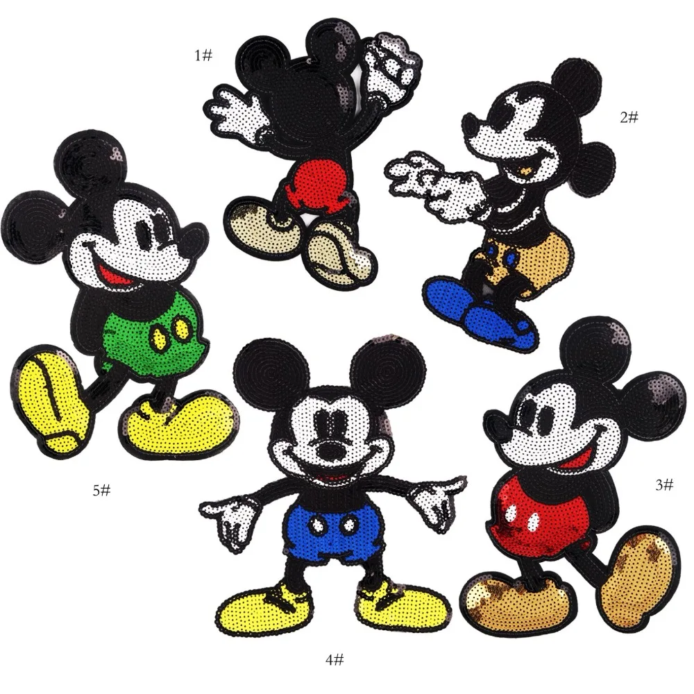 

5pcs/set Sequins Mouse Iron on Patches for Clothes Jeans Big Motif Embroidery Applique Rat Mickey Sequined Patch Sewing DIY