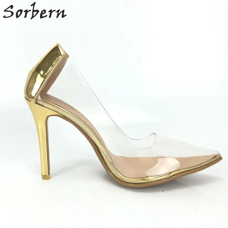 

Sorbern Gold Shiny Women Pump High Heels Transparent Pvc Ladies Shoes Heeled Plus Size Custom Colors Night Club Footwears Shoe