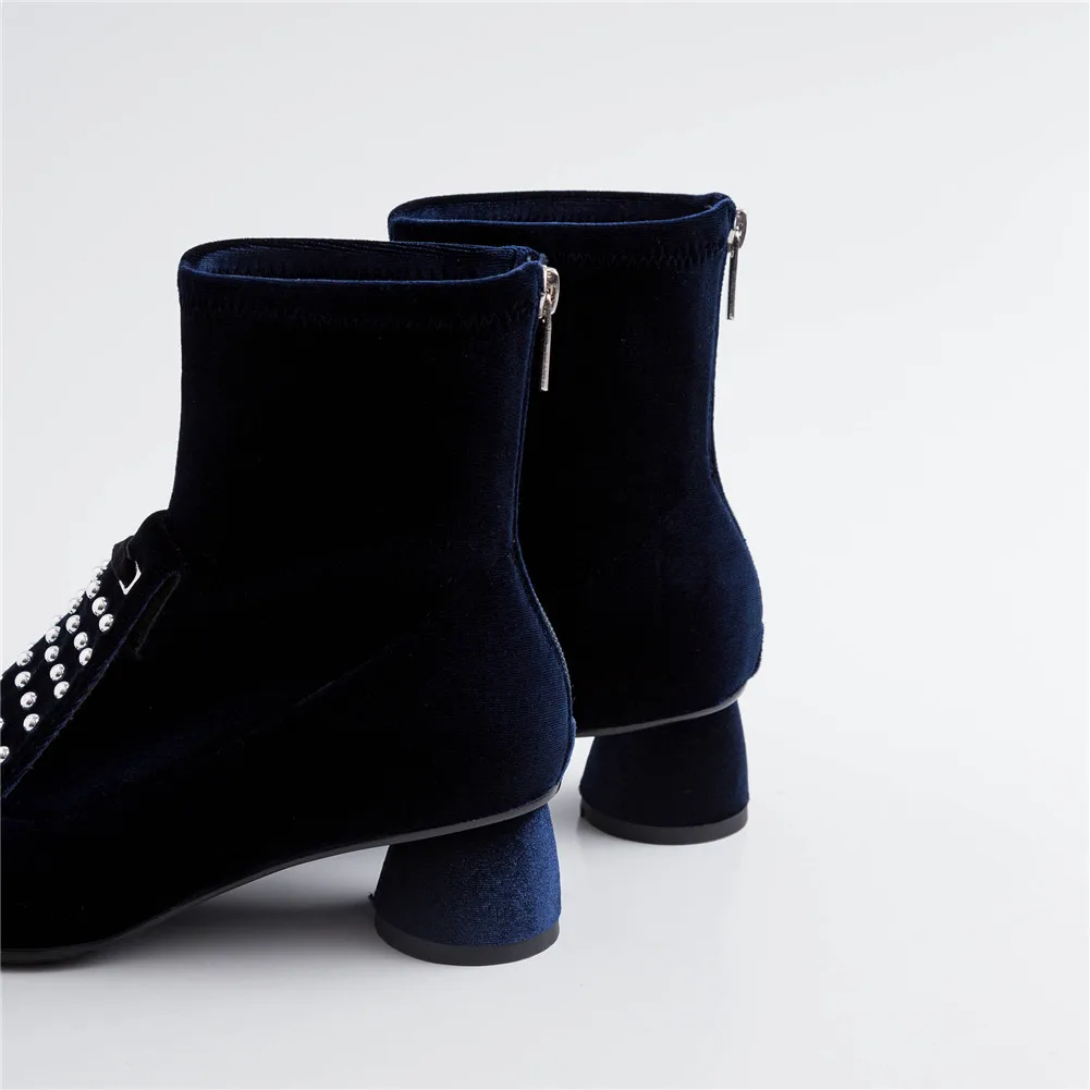 RIBETRNI New Fashion Ladies High Heels Pointed Toe Rivet Zip Shoes Woman Casual Party Office Autumn Spring Ankle Boots