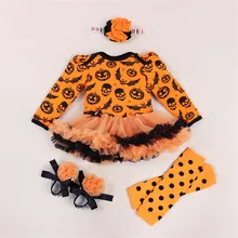 Череп Тыква оранжевая юбка-пачка для маленьких Хэллоуин костюмы с длинным рукавом для маленьких девочек Комбинезон платье с кружевной юбкой-пачкой комбинезон Bebe Одежда для новорожденных