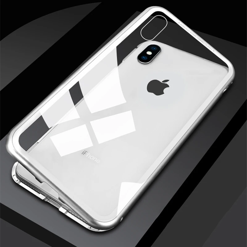 Магнитный адсорбционный чехол для телефона для iPhone 6, 6s, 7, 8 Plus, Защита экрана для iPhone X, XR, XS, Max, закаленное стекло, откидной металлический чехол - Цвет: Transparent White