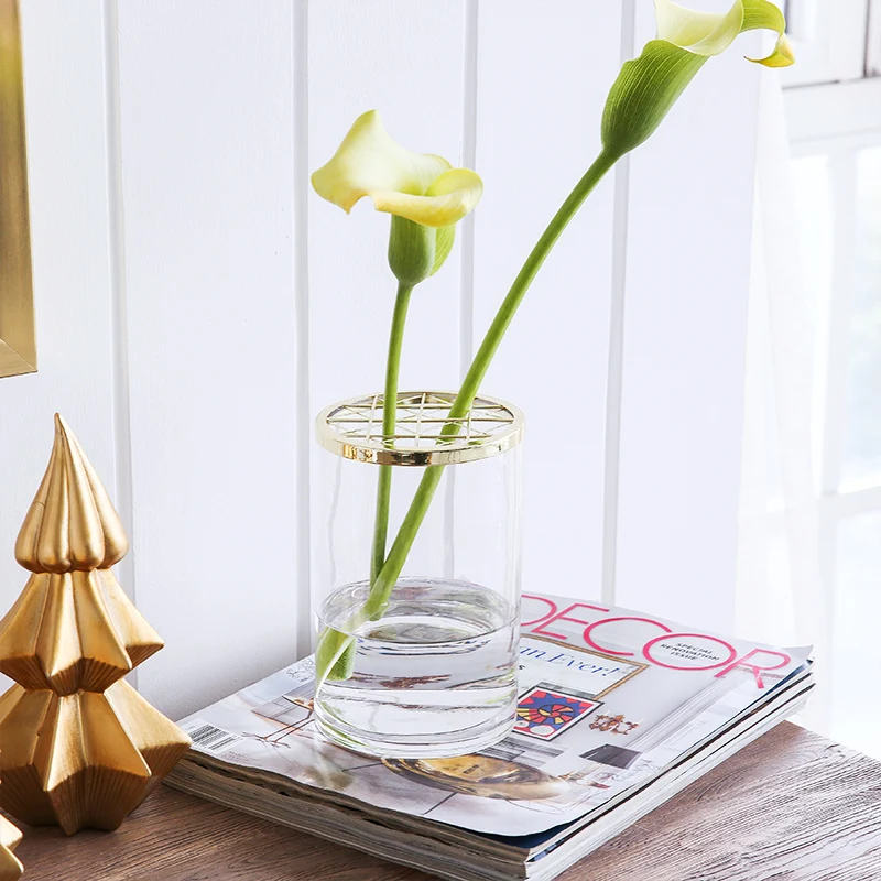 1 Piece Vase Gold Metal Lid Glass Vase Home Decoration Accessories Vase For Wedding Decoration