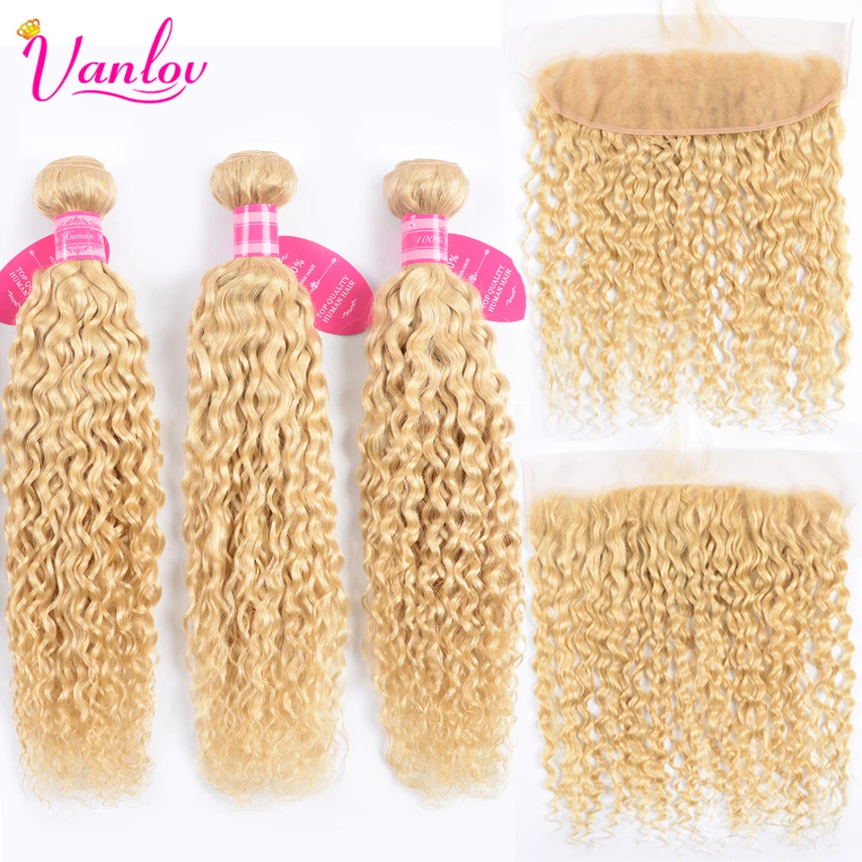 Vanlov 613 Blonde bundle s с фронтальным закрытием Бразильская волна воды с фронтальным Remy Blonde натуральные волосы Кружева Фронтальная с комплектом