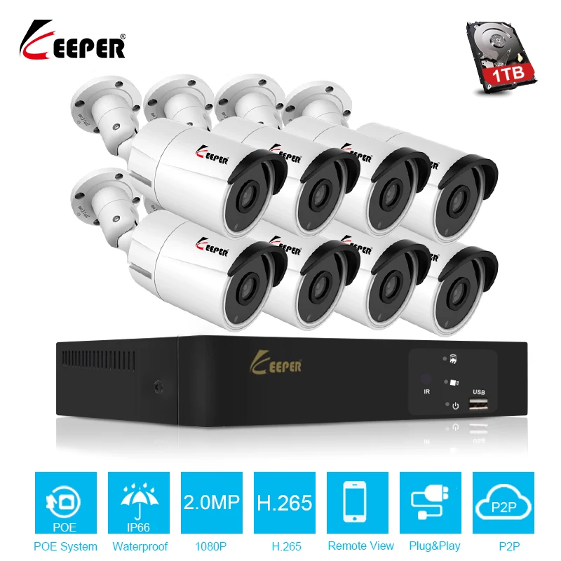 Система видеонаблюдения Keeper H.265 2 МП 8 каналов POE NVR уличных водонепроницаемых IP