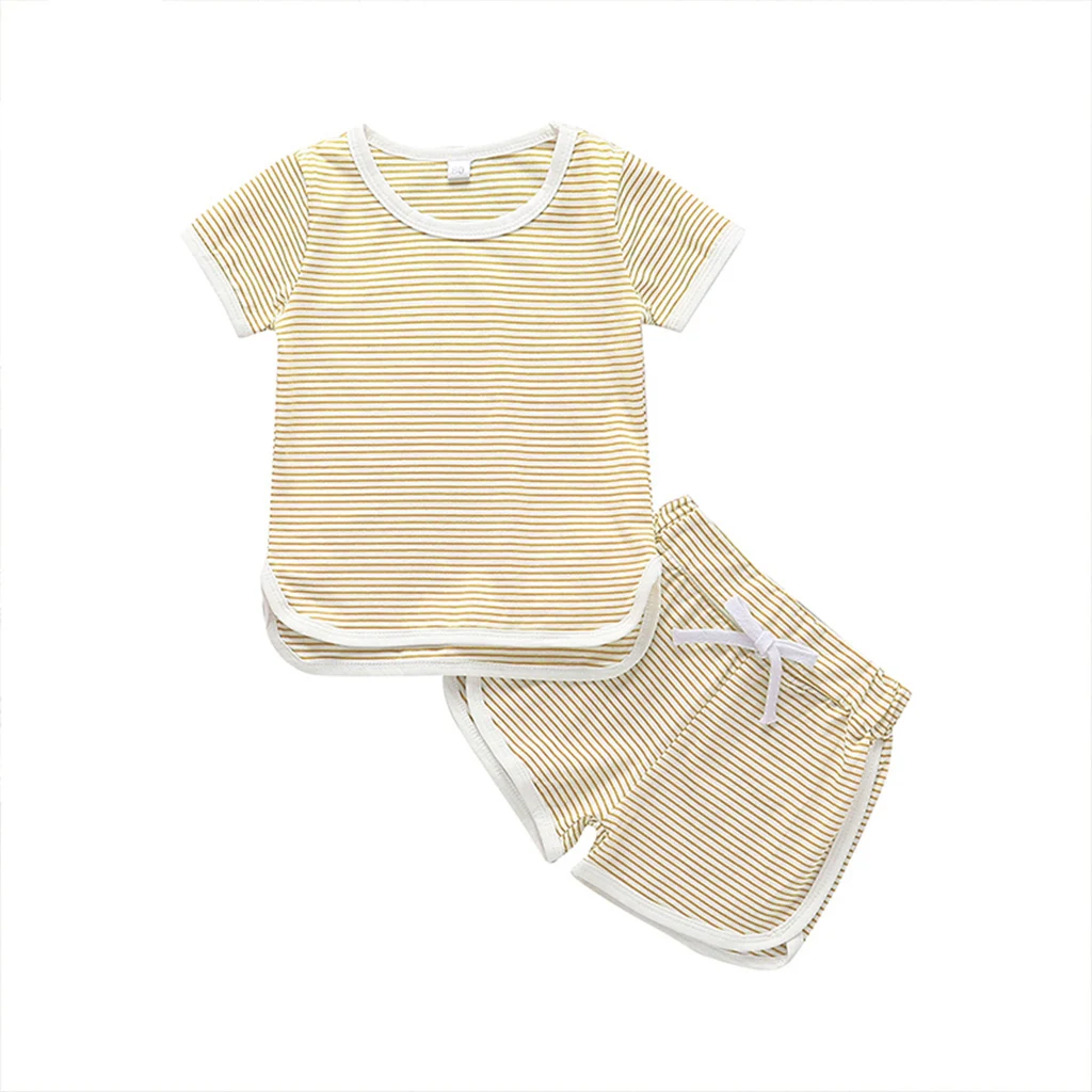 

summer stripe toddler baby outfits kid boys girls clothes 2019 clothing sets short sleeve T-shirt+shorts yellow 1-5 years