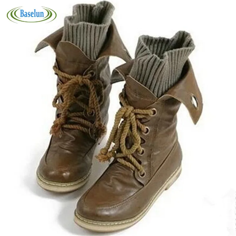 

2016 Women Winter Vintage Motorcycle Ankle Boots Autumn Snow  Leather Flats Boots Plus Size 35-47