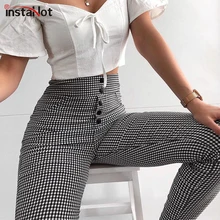 InstaHot брюки с высокой талией осенние элегантные брюки женские серые клетчатые с пуговицами спереди женские обтягивающие брюки-карандаши Повседневная уличная одежда