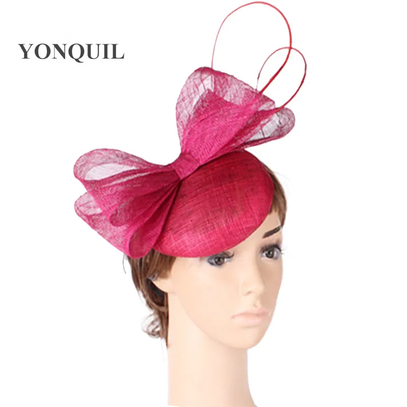 Ярко розовый millinery бантом sinamay fascinators заколки для волос свадьбы свдебные аксессуары для волос церкви Шляпа Дерби случаю головные уборы