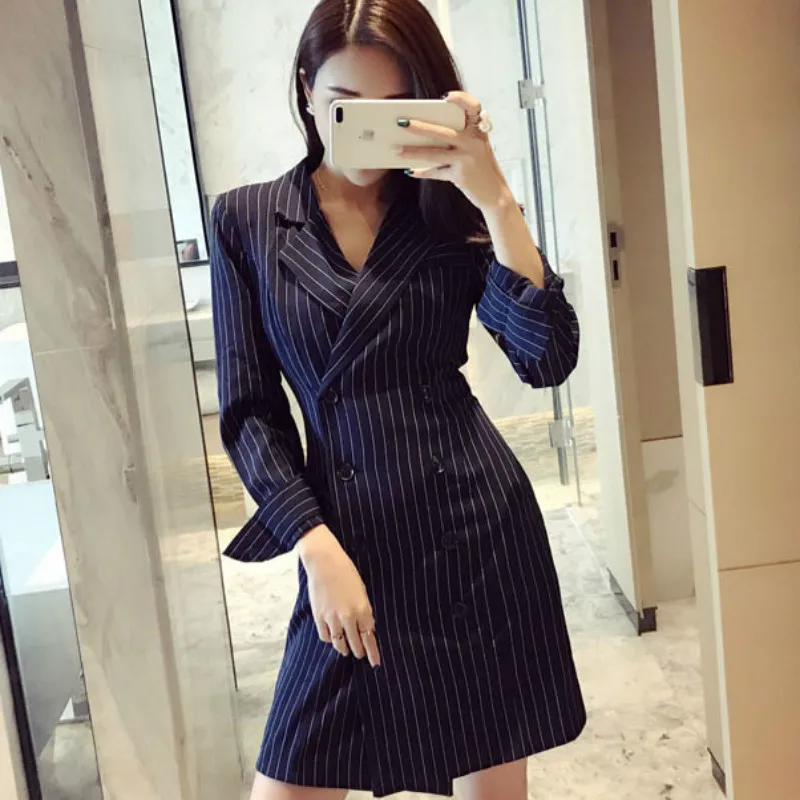 

Women OL Suit Striped Jacket Long Blazer Dress Deep V-Neck Dress Long Sleeves OL Suit Double-breasted Pencil Suits Dress Tops