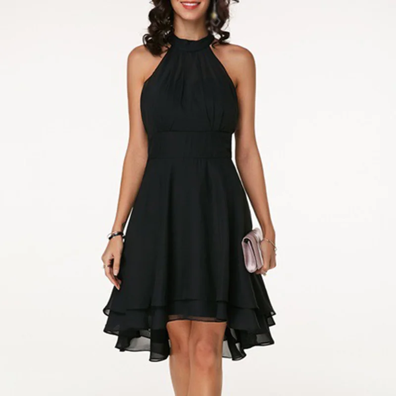 

Stylish Women's High Waist Dress Solid Halter Plus Size Chiffon Evening Party