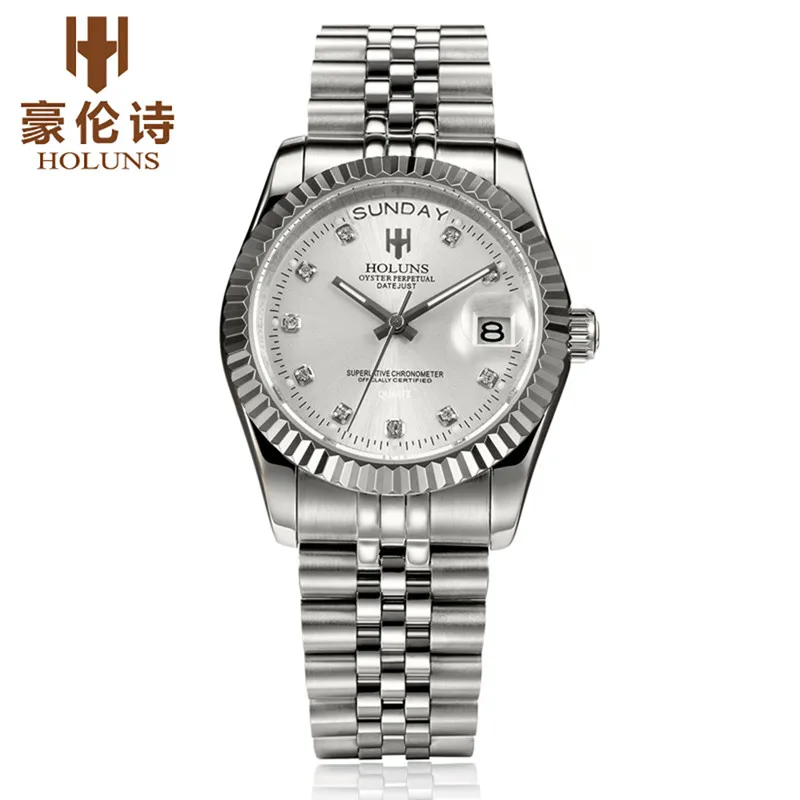 

HOLUNS Luxury Watches Top Brand Men Simple Quartz Wrist Watch Date Week Display Back Light Stailess Steel Male Relogio Masculino