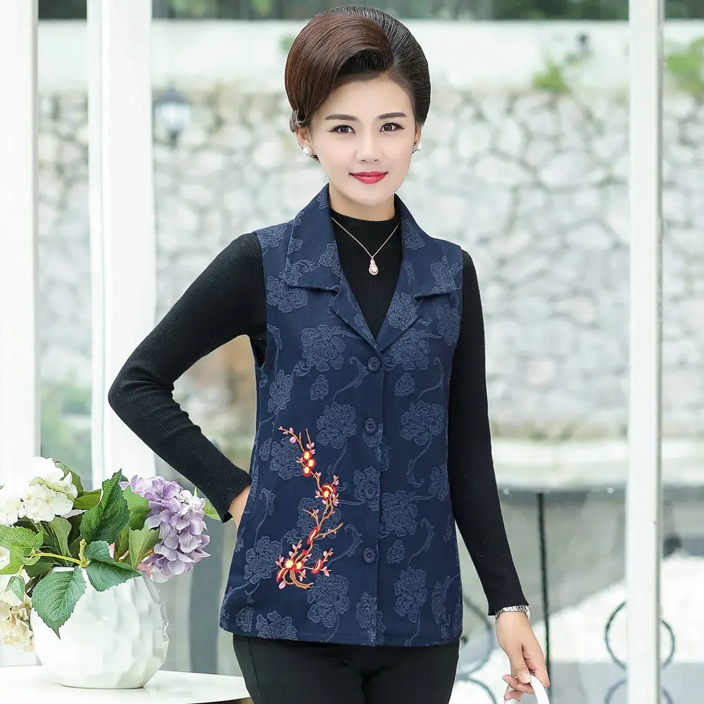 Oriental Style Woman Jacquard Vest Green Blue Red Chinese Flower Pattern Embroidery Waistcoat Women Elegance Vests Autumn Gilet