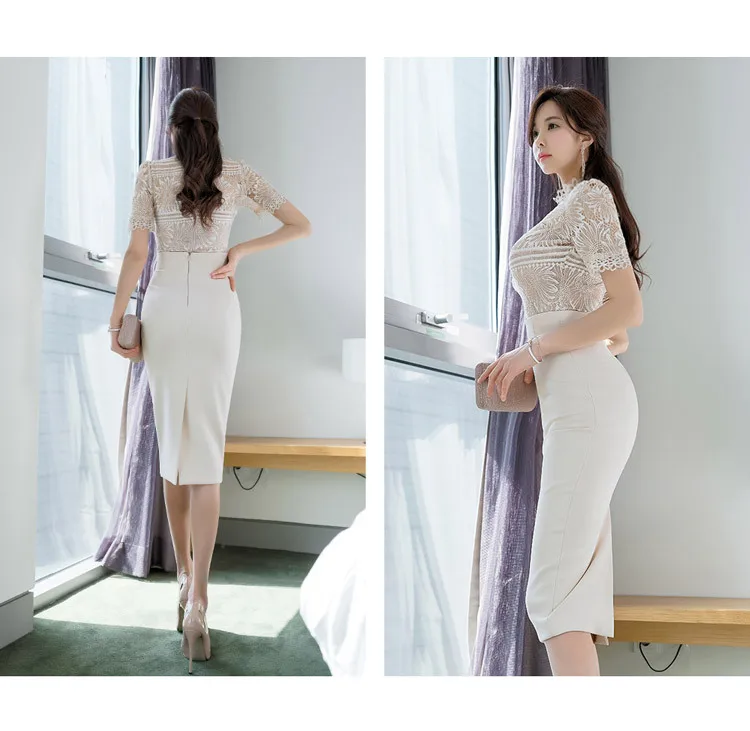 Летний корейский женский соблазнительный обтягивающий кружевной топ+ поясная модная сумка бедра юбка костюм кружева до колена